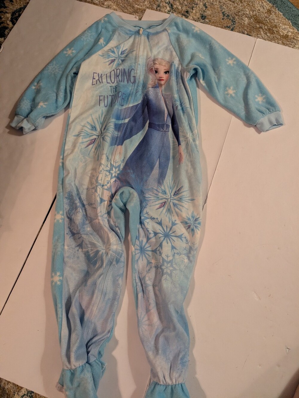 Disney Light Blue Elsa Print Kids Fleece One-Piece Footie Pajama Sz 5T